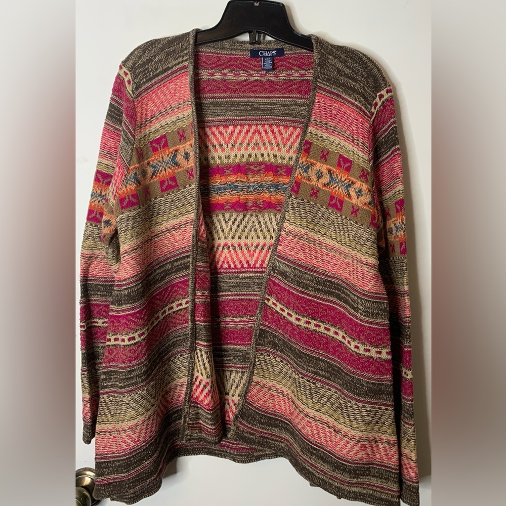 Chaps Women's Open Front Cardigan Multicolor Aztec Large Cotton Linen Knit L